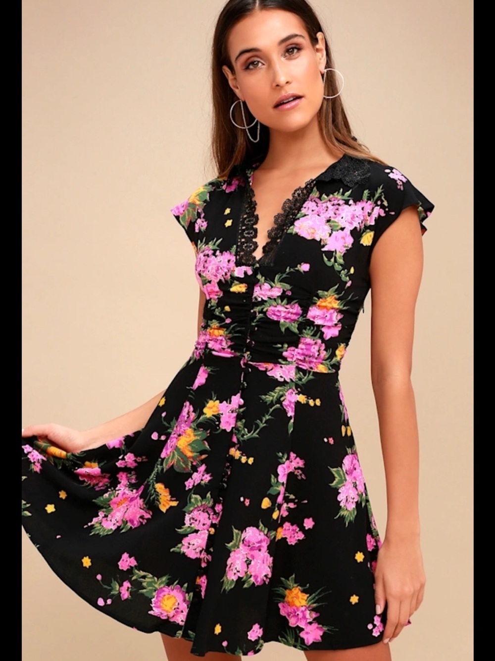 Free People Black Floral Lace-Trim Mini Dress US 4